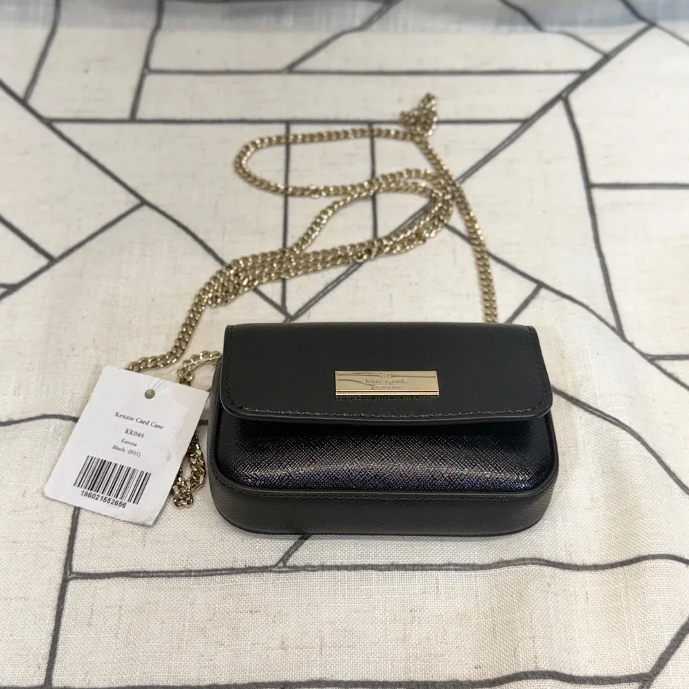 Kate Spade Kenzie Card Case Small Black Saffiano Leather Crossbody Bag KK046